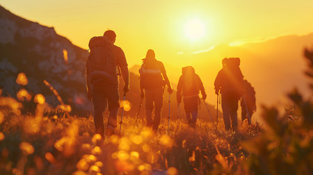 Group of hikers in the mountains at sunset. Hikers with backpacks.の素材