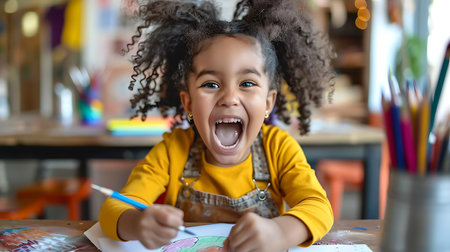 Portrait of a cute little African-American girl with long curly hair, dressed in a yellow T-shirt and jeans, drawing with colorful pencils on the table in the room.の素材