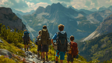Group of hikers with backpacks on a trail in the mountains.の素材