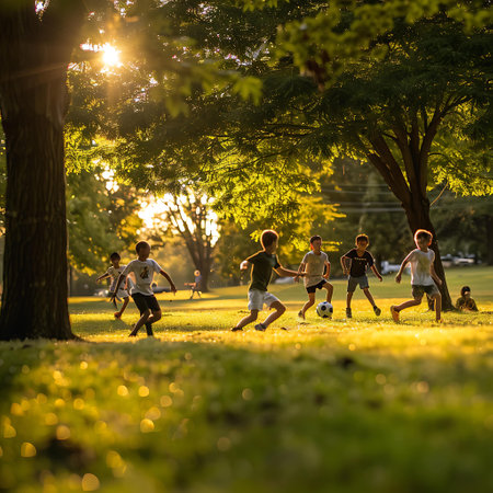 Group of kids playing soccer in the park with sunlight in the morningの素材