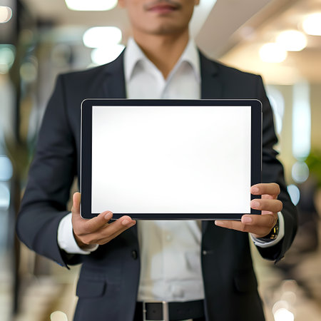 Mockup image of a businessman holding and showing tablet pc with blank white screenの素材