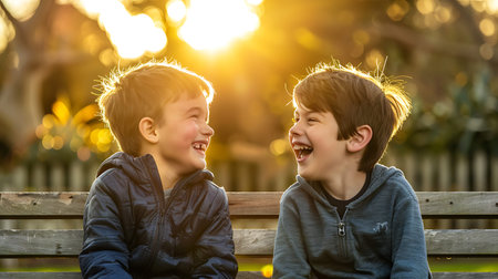 Two boys sitting on a bench in the park at sunset and laughingの素材