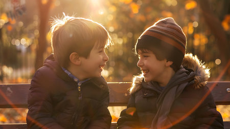 Two little boys sitting on a bench in the park and smiling.の素材