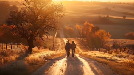 Couple in love walking on a rural road at sunset. Love and romance concept.の素材