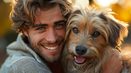 Portrait of a happy young man with his dog in the parkの素材