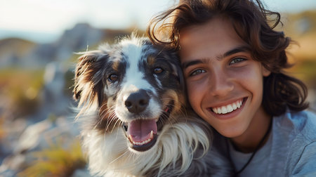 Portrait of a smiling young woman with her dog on the beachの素材