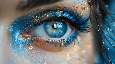 Close-up of beautiful blue female eye with sparkle makeup.の素材