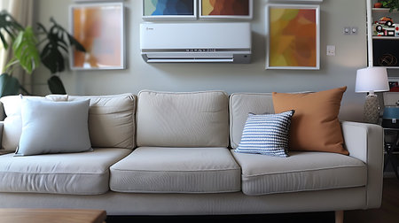 Modern living room interior with air conditioner and comfortable sofa 3d renderの素材