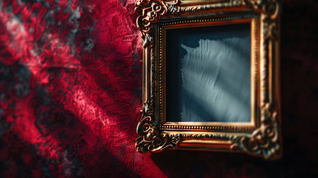 Old vintage picture frame on a red fabric background. 3d renderingの素材