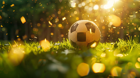 Soccer ball on the grass with golden bokeh background.の素材