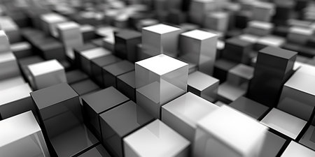 3d rendering of abstract metallic cubes background in black and white colorsの素材