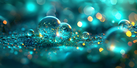 Water drops on green background. 3D illustration. Bokeh effect.の素材