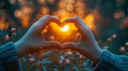 Female hands in the form of a heart on the background of the setting sunの素材
