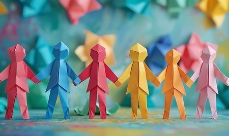 Teamwork concept with paper people on colorful background. 3d illustrationの素材