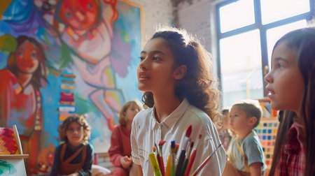Portrait of smiling schoolgirl standing in classroom at elementary school.の素材