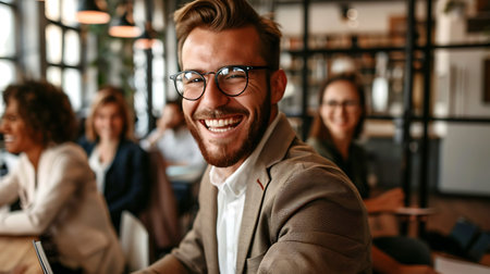 Cheerful young man in eyeglasses smiling while sitting in cafeの素材