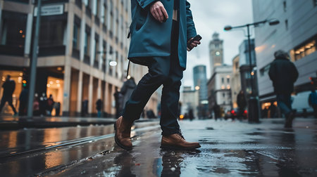 low angle view of young man walking in wet street at rainy dayの素材