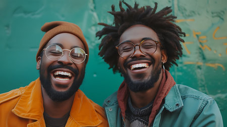 two african american friends in eyeglasses laughing and looking at cameraの素材