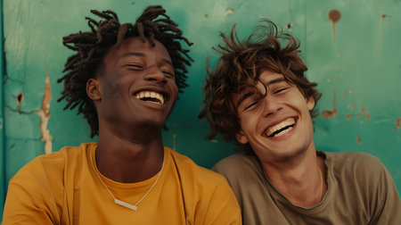 Portrait of two young guys laughing and having fun in the cityの素材