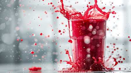 Red juice splashing out of glass with drops and splashes.の素材