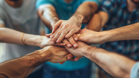 Teamwork concept. Close-up of a group of young people putting their hands together.の素材