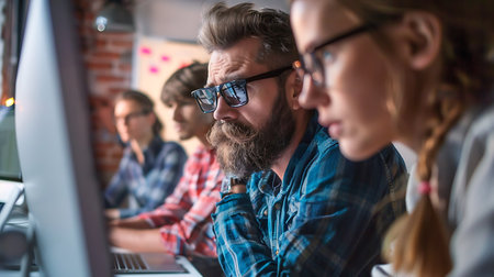 Young people working on computer in creative office. Start up business.の素材