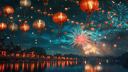 Chinese New Year Firework Festival, Lanterns and Lanterns on riverの素材