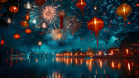 Colorful fireworks in the night sky at the Chinese New Year festivalの素材