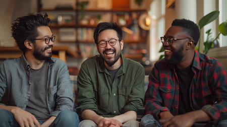 Multiethnic group of friends laughing while sitting on sofa at homeの素材