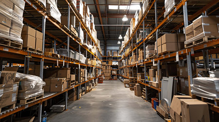 Warehouse interior with shelves and racks full of cardboard boxes and packagesの素材