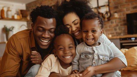 Happy african american family looking at camera and smiling while spending time together at homeの素材
