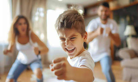 Happy family playing at home. Mother, father and son having fun together.の素材