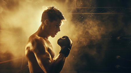 Handsome muscular boxer training in the gym. Smoke background.の素材