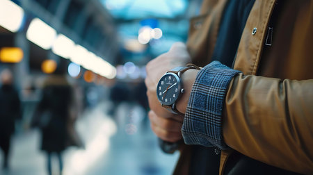 Close up of a wrist watch on a man in a train stationの素材