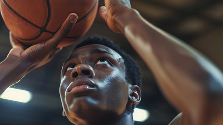 Portrait of african american man playing basketball at sports gymの素材