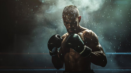 Portrait of an African-American boxer in a dark room. Mixed mediaの素材