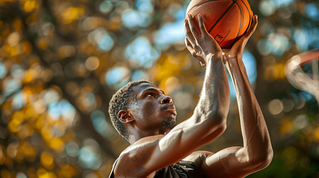African american man playing basketball in park. Sport, competition and healthy lifestyle concept.の素材