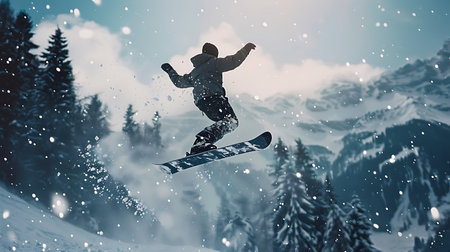 Snowboarder jumping in mountains. Extreme winter sport. 3D renderingの素材