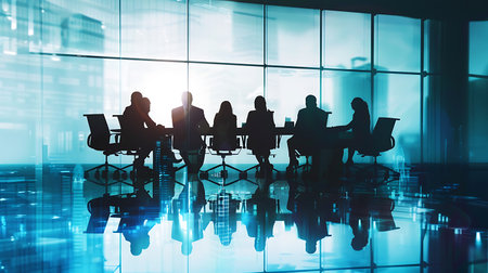 Silhouettes of business people in conference room. Meeting concept. Double exposureの素材