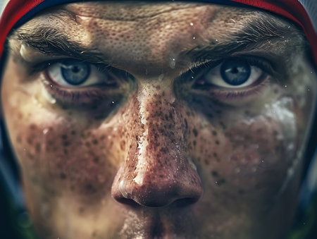 Close-up portrait of a man with freckles on his faceの素材