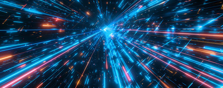 3d render. Abstract background with neon lights and rays. Laser beams in the space.の素材
