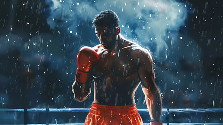 Handsome mixed-race boxer in the rain. Mixed mediaの素材
