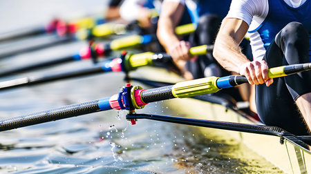 Close-up of a male rowing rowing team in the waterの素材