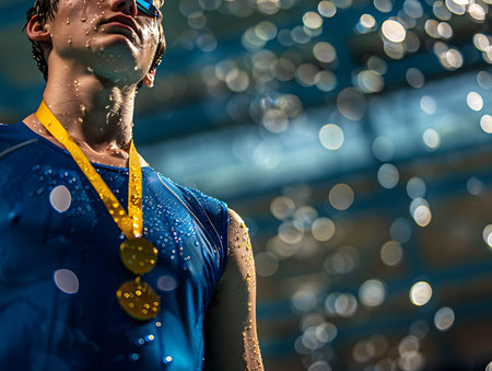 Portrait of a swimmer wearing a swimming suit and sunglasses.の素材