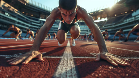 Athlete in starting position ready to run at the stadium.の素材
