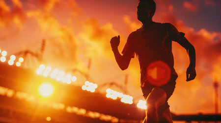 Silhouette of a man running in the stadium at sunset.の素材