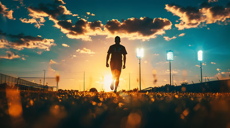 Runner athlete running at sunset. woman fitness jogging workout wellness concept.の素材