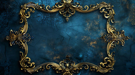 Vintage gold frame on blue grunge background. Template for designの素材