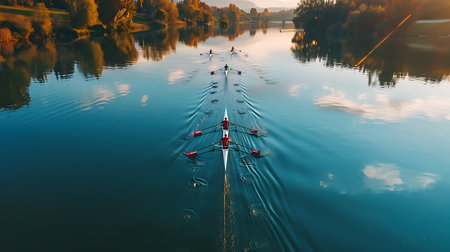 Group of men rowing on the lake. Rowing team in a row.の素材
