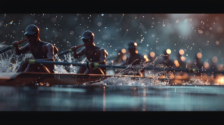 Rowing Team in action on the dark background. Concept of sportの素材